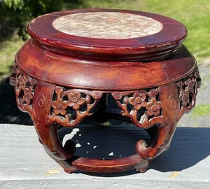 Antique Chinese Hand Carved Wooden Prunus Cherry Blossom Stand w/ Marble Stone - Picture 1 of 9
