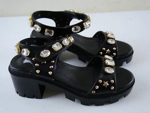 FOREVER Women's 6.5 M Black Mid-High Heel Rhinestone Strappy Gothic Sandals NEW - Picture 1 of 6
