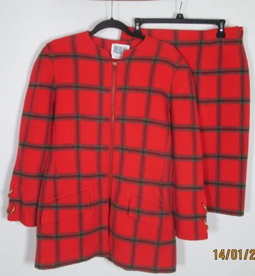 I. Magnin BILL BLASS Skirt Suit i Size 10 Pink Plaid  Vintage Wool Gold Hardward - Image 1 of 4