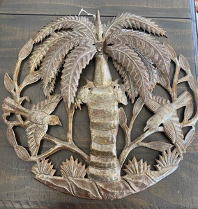 Handgefertigte Metallpalme mit Vögeln haitianisch signiert vom Künstler - Bild 1 von 8