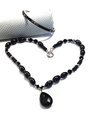 Conjunto Collar Brazalete Pulsera Cuentas Negras Esmalte Tono Plateado Estilo Art Deco Boho Foto 1 de 4