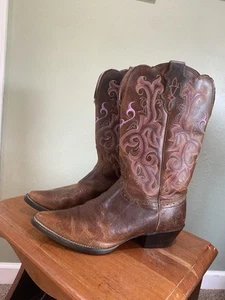 Justin Boots L2562 Women 10C Brown Leather Lilac Stitching Cowgirl Western Boot - Picture 1 of 13