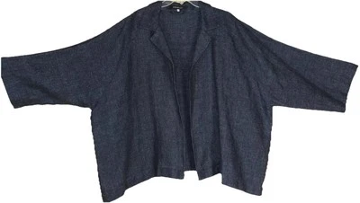 Eskandar Sz 0 JEAN Dark Indigo Denim Linen Open Oversized Elegant Jacket Woven - Image 1 of 4