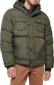 Levis Mens Puffer Jacket M Insulated Quilted Water Resistant Coat Olive $225NEW - Picture 1 of 10