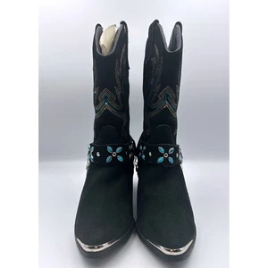 Dingo Cowgirls Boots Black Leather Suede Turquoise Harness Embroidered Size 7M - Picture 1 of 8