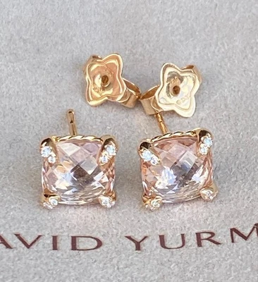 David Yurman 18k Rose Gold Pink Morganite Earrings Diamond Chatelaine 8mm $2350+ - Image 1 of 4