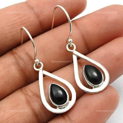 Naturale Onice Nera Argento Massiccio Etnico Lunetta Gancio Moglie Pendente - Immagine 1 di 4