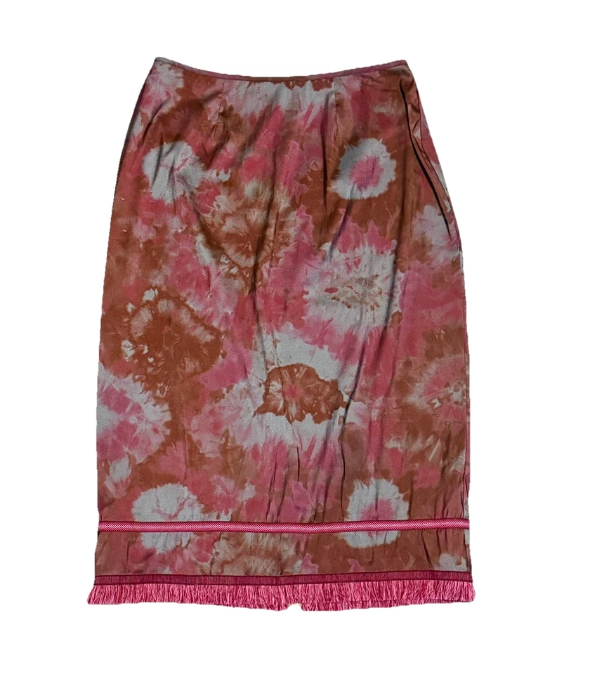 Tessuto Vintage 90s Fringe Pencil Skirt Sz 8 Brown Purple Y2K Knee Length Boho - Image 1 of 4