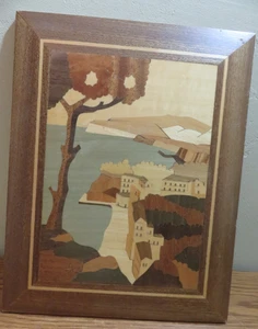 Vintage Italian Inlaid Wood Marquetry Sorrento Coastline Italy Landscape Plaque - Picture 1 of 4