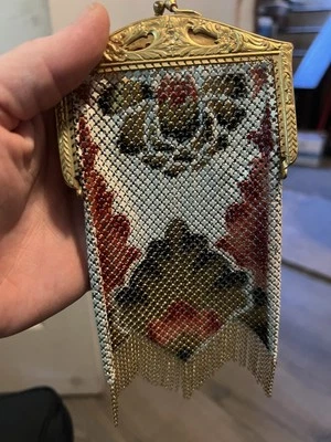 Antique Art Deco Mandalian Enamel Mesh Flapper Purse w/ Peacocks Birds - Image 1 of 4