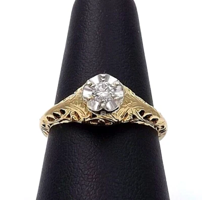 Art Deco Solid Gold Mine Cut Natural Diamond Promise Engagement Ring 13k-14k sz8 - Image 1 of 4