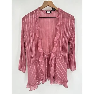 Studio 1940 Front Tie Blouse Women 18/20 Pink Sheer Ruffle Pleated V-Neck Stripe - Picture 1 of 10