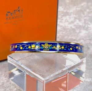 Vintage Hermes Enamel Bangle Bracelet Blue Enamel Gold Rim Finish 70 with Box - Picture 1 of 16