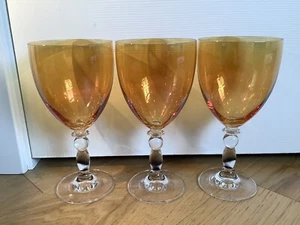 3-Pier 1 Luster Amber Gold Iridescent Wine Water Goblet Glasses 15 Oz Barware - Picture 1 of 6