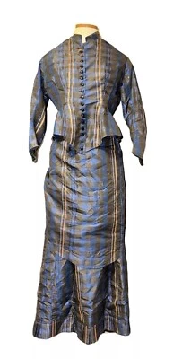 Victorian Late 1800s Blue Plaid Silk Top & Skirt Bustle Accordion Pleated Hem - Image 1 of 4