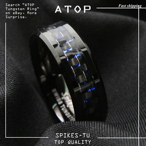 8mm Black Tungsten Ring Black Blue Carbon Fiber Wedding Band ATOP Men's jewelry - Picture 1 of 8