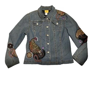 RUBY RD. Womens Jean Jacket Size 10 Embroidered Paisley Flowers Sequins Bling - Picture 1 of 9
