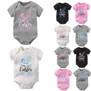 Baby Girls Boys Easter Letters Prints Short Sleeve Romper Jumpsuit Bodysuit Tops - Picture 1 of 37