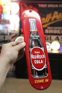 RARE 1950s COME IN DRINK RED ROCK COLA STAMPED PAINTED METAL DEALER DOOR SIGN 66
