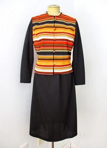 Vintage 60er 70er Mod Nelly Don schwarz gold Streifen 2-teilig Weste Fit Flare Kleid Anzug 14 - Bild 1 von 11