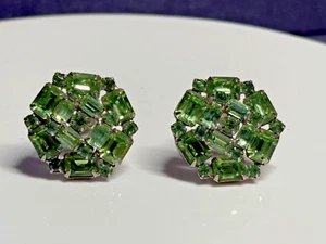 Clip on Earrings Vintage Green Rhinestone Glass Silver Metal - Picture 1 of 8