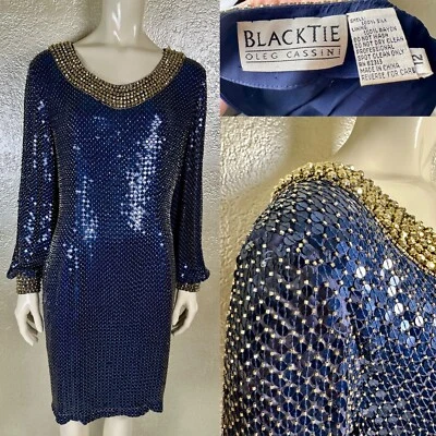 Vintage 1980s Ladies OLEG CASSINI Black Tie Blue Sequin Beaded Long Sleeve Dress - Image 1 of 4