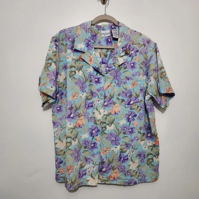 Bobbie Brooks Sz 18 Womens Button Up Floral Blue Peach Purple Green Hawaiian  - Image 1 of 4