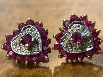 10k Yellow Gold Natural Ruby & Diamond Heart Earrings Stud Post - Image 1 of 4