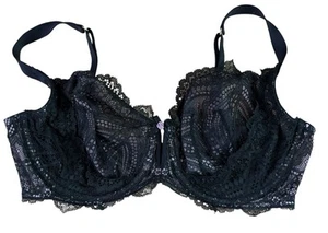 Cacique Underwired Lace Full Coverage Bra Black Lace Lavender Mesh Size 38 DDD - Picture 1 of 8