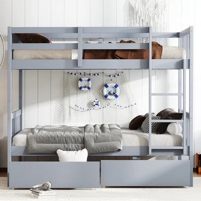 Twin Over Twin Rubber Wood Bunk Bed with 2 Drawers, Convertible into 2 Twin Beds - Image 1 of 4