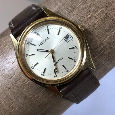 Reloj Pulsar Vintage Mujer Y147-6020 Vestido Fecha Cuero Cuarzo Analógico 32mm 7" Foto 1 de 4