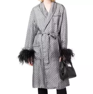 NWT PRADA 100% Silk Lavender Grey Paisley Black Feather Cuff Robe Jacket M - Picture 1 of 13