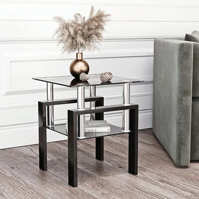 2 Tier Square End Table Living Room Tempered Glass Side Table w/Shelf&Metal Legs - Image 1 of 4