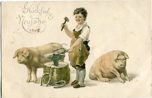 Cartolina Felice Capodanno maiali, giovane fabbro, ferro di cavallo 1900 circa - Foto 1 di 1
