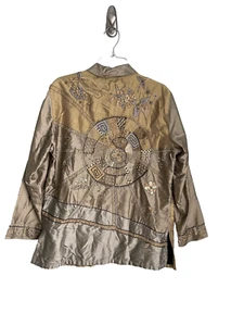 Chicos Design Beige Silk Embroidered Embellished Beaded Jacket Lined Size Large - Picture 1 of 7
