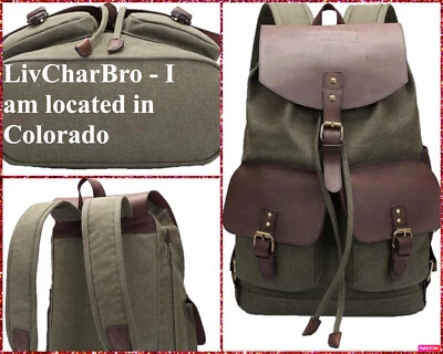 Canvas Cowhide Leather Rucksack Backpack Laptop Computer Bag Olive Green - Image 1 of 4