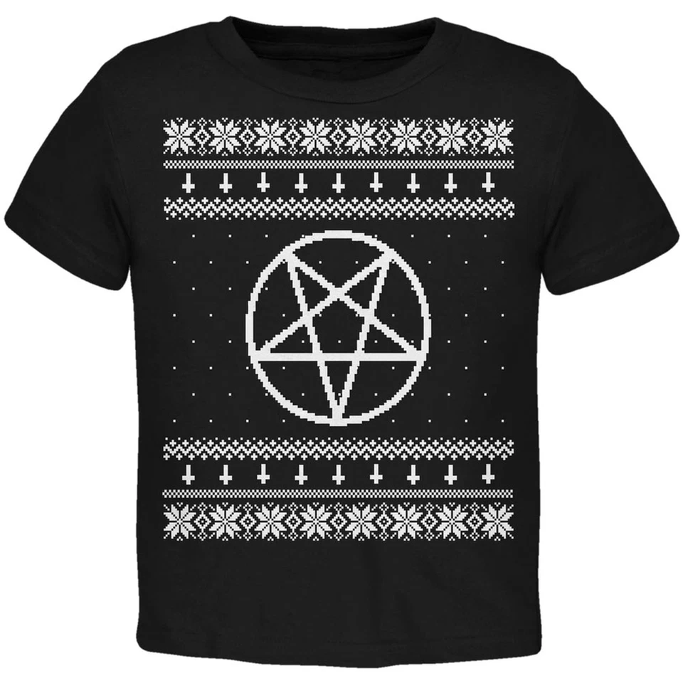 White Satanic Pentagram Ugly Christmas Sweater Black Toddler T-Shirt - Image 1 of 1