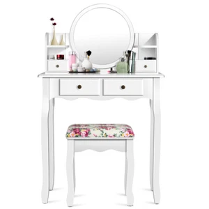 Dressing Vanity Table Set W/Drawers Oval Mirror Makeup Table Stool for Girl Gift - Picture 1 of 8