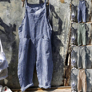Womens Cotton Striped Wide Leg Suspender Jumpsuit Dungarees Playsuit Overalls