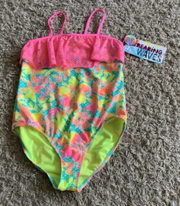 Breaking Waves Girl's Plus Size 14 1/2 Swimsuit Floral w/Pink Lace UPF 50+ NWT - Picture 1 of 14