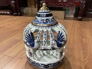 New Vintage RARE Chinese Blue & White Ceramic Porcelain Hand Painted Bird Cage - Picture 1 of 12