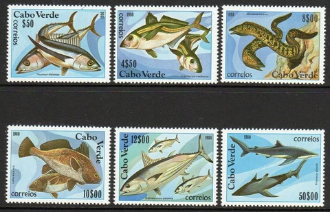 Cape Verde FISH 1980 Mint Never Hinged Complete Set of Six Scott # 410 - 415 Cover