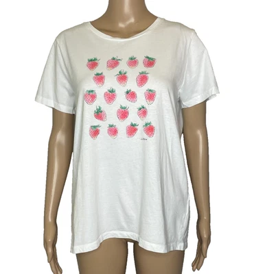 Camiseta colecionadora feminina grande J.Crew estampa de morango algodão branco manga curta - Imagem 1 de 4