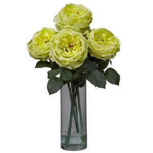 18" LARGE ARTIFICIAL SILK YELLOW ROSE FLORAL FLOWER ARRANGEMENT w/ CYLINDER VASE - Picture 1 of 1