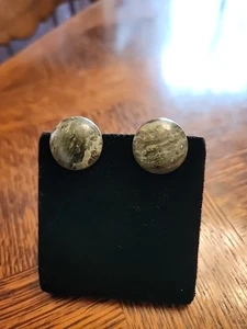 Vintage Olive Green Moss Agate Sterling Silver Clip On Earrings - Picture 1 of 15