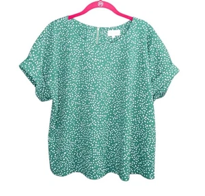 Anthropologie Large L Melloday grün weiß Punkte Print Gold Reißverschluss Stretch Top Bluse - Bild 1 von 4