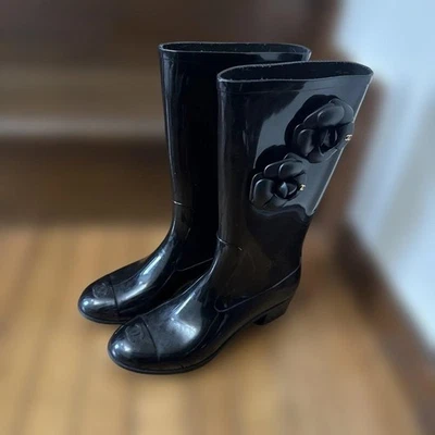 Chanel Camellia Rain Boots, Size 39, Black, Ships from Japan - Image 1 of 4