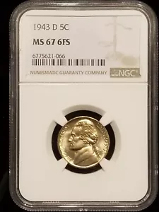 1943 Denver WWII %35 Silver Nickel, NGC MS67 With 6 Full Steps, Rare - Picture 1 of 7