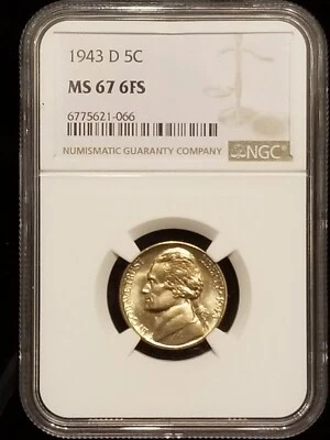 1943 Denver WWII %35 Silver Nickel, NGC MS67 With 6 Full Steps, Rare - Image 1 of 4