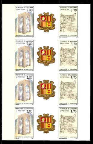 Andorra Not Indented Yvert 443A Anniversary Constitution 1994 Bloc Of 4 C 200 Cover
